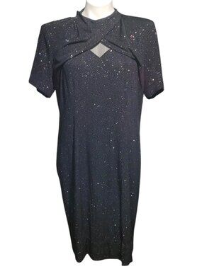 Vintage 80s SL Fashions Black Sparkle Glitter Dress L/XL Underarm Discoloration